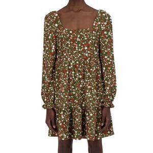 BCBG Paris Square Neck Boho Festival Babydoll Dress Garden Clusters Green XXL